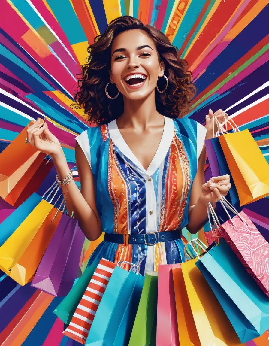 A fashionable woman joyfully shopping in a vibrant, colorful marketplace filled with stylish clothing racks and bargain signs. She is holding shopping bags with contentment, and there are price tags showcasing great deals prominently displayed. The background features playful patterns and a sunny atmosphere to convey excitement and opportunity. elegant typography overlay with 'Unlocking Fashion'. vector art. vibrant colors. 