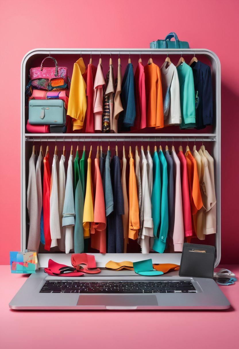A stylish open wardrobe overflowing with trendy clothes and accessories, contrasted with a modern digital wallet filled with colorful discount tags. A glowing laptop screen displaying fashion deals in the background. The atmosphere is vibrant and inviting, encouraging online shopping exploration. super-realistic. vibrant colors. clean background.